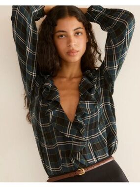 DÔEN Hardy Ruffle Button Pintuck Blouse in Amble Plaid - XXS